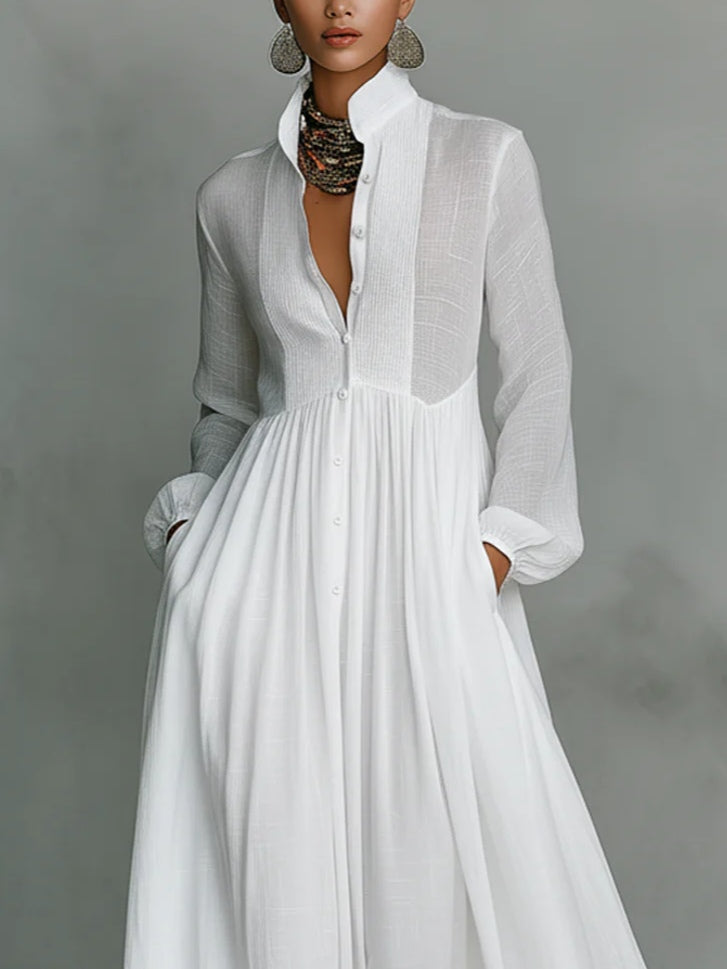 Léonie - Minimalist Maxi Dress with Stand-Up Collar