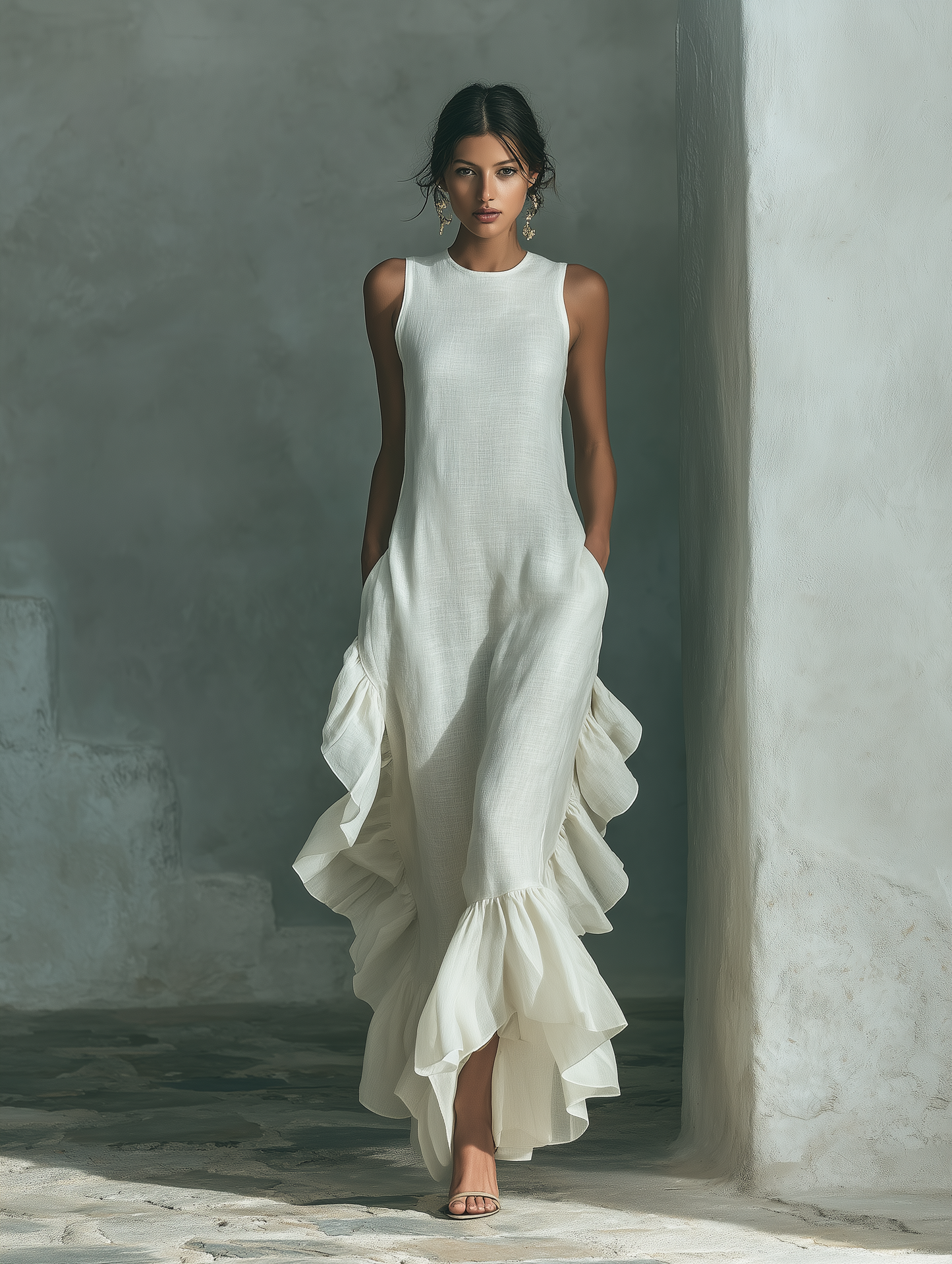 Women's Ivory Linen Fabric Sleeveless Maxi Dress With Round Neck & Ruffle Hem