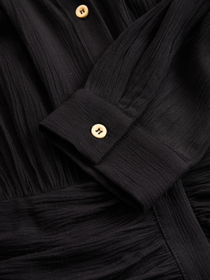 Women's Imitation Cotton And Linen Pleated Lapel Single-breasted Long-sleeved Maxi Dress