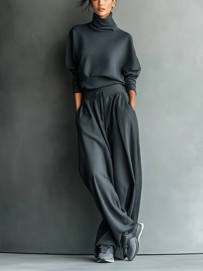 Women's Charcoal Knit Fabric Turtleneck Oversized Top & Wide-Leg Pants Set