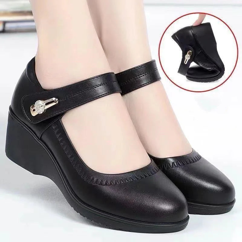 Soft leather shoes with soft sole and non-slip wedge heel for mothers