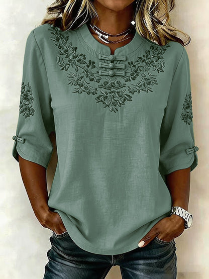 Women's Retro Cotton Linen Flower Green Printing Design Casual T-Shirt