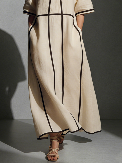 Women's Modern Linen Blend Beige Stand-Collar Half-Sleeve Contrast-Line Pocketed Maxi Dress