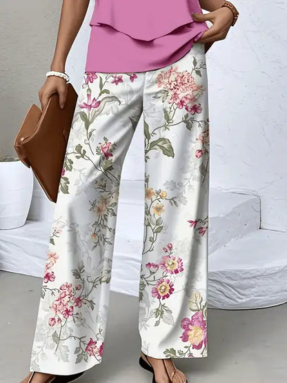 Maya | Spandex-Blend Sleeveless Vest & Floral Wide-Leg Pants Set