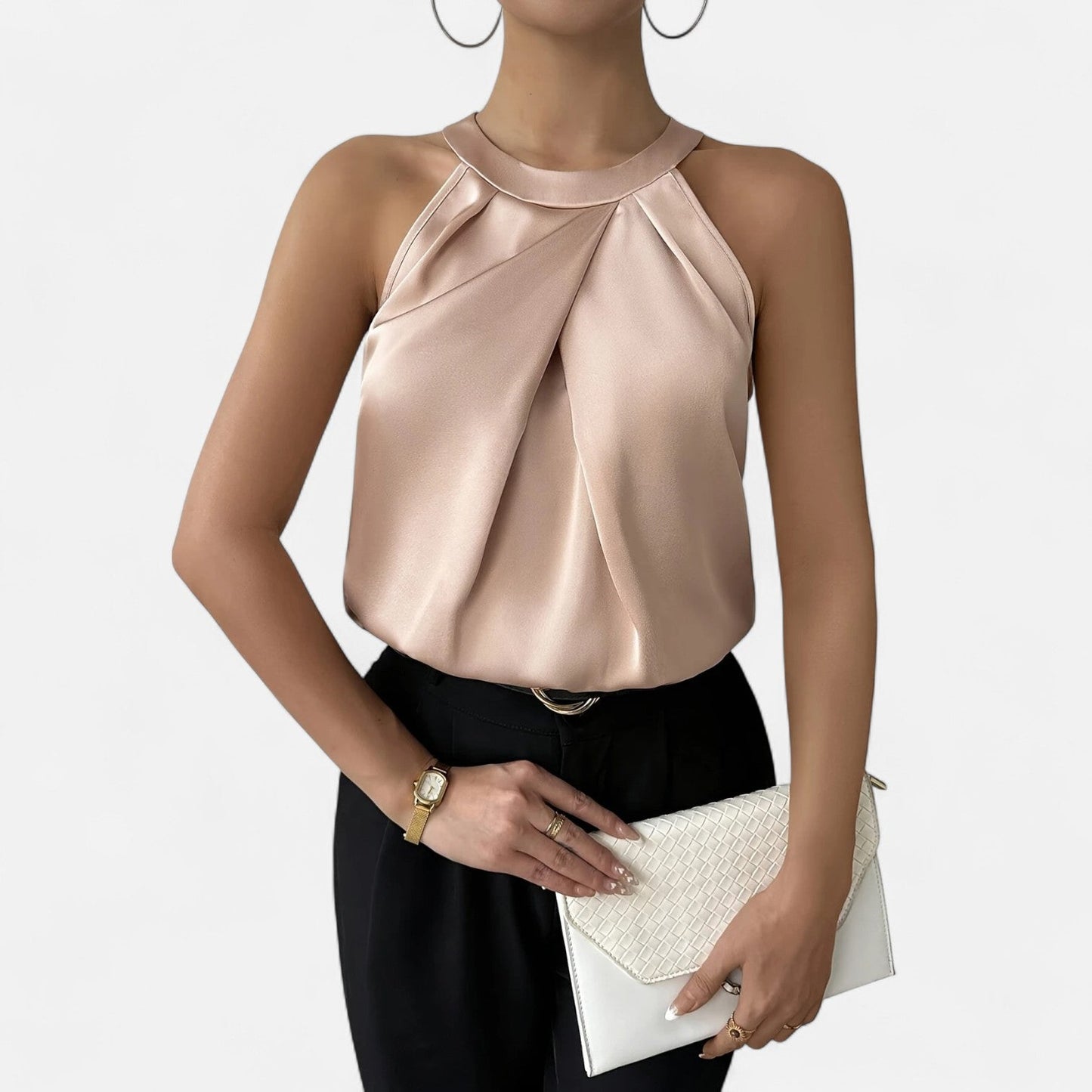 Women’s Elegant Pleated Front Draped Satin Tanks