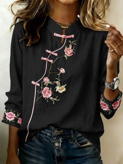Women'S Floral Art Stand Up Collar Buckle Elegant Casual Long Sleeved Shirt