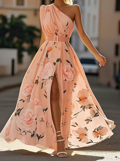 Julie | Light Green Floral One-Shoulder Maxi Dress