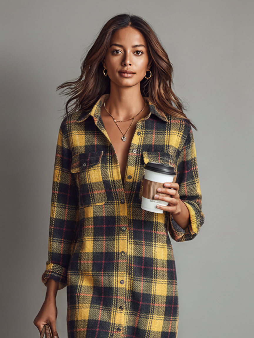 Women's Flannel Plaid Long Sleeve Shirt Midi Dress