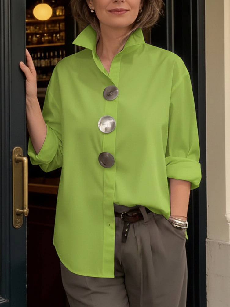 Cotton Linen Blouse with Elegant Collar and Metal Buttons