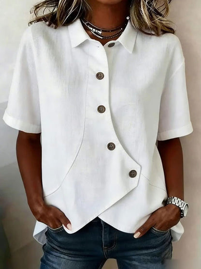 Women'S Cotton And Linen Button Design Casual Lapel Short Sleeved Summer Top