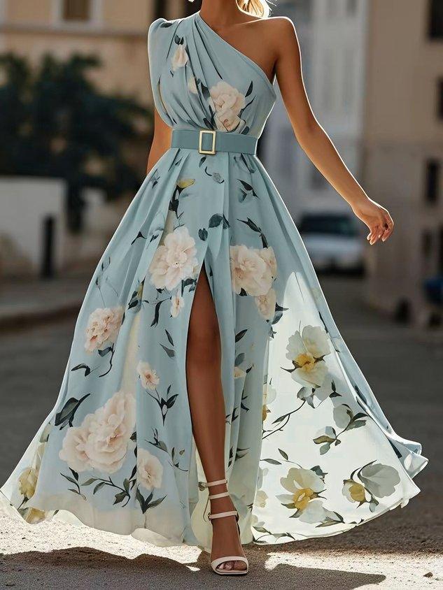 Julie | Light Green Floral One-Shoulder Maxi Dress