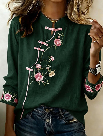 Women'S Floral Art Stand Up Collar Buckle Elegant Casual Long Sleeved Shirt