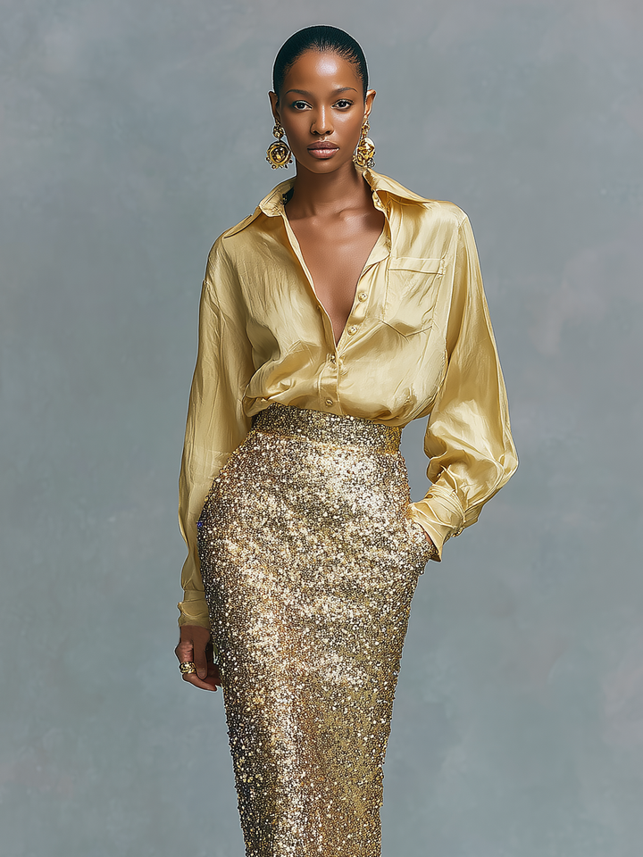 Women's Long-sleeved Shirt And Sequined Pencil Skirt Set