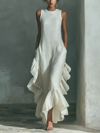 Women's Ivory Linen Fabric Sleeveless Maxi Dress With Round Neck & Ruffle Hem