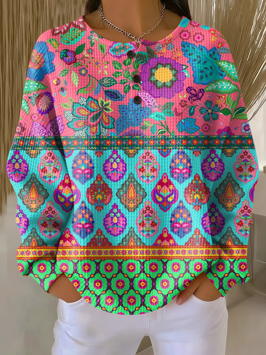 Sweater with Ethnic Flower Stripes