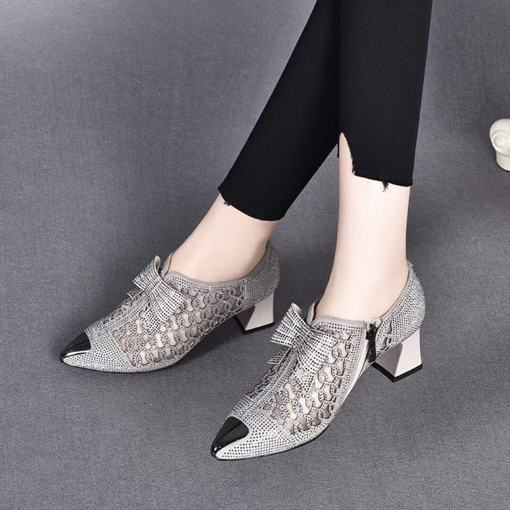 Zapatos de tacón grueso huecos con diamantes de imitación, informales de verano, y sandalias de mujer de talla grande de color liso con nueva hebilla de cinturón