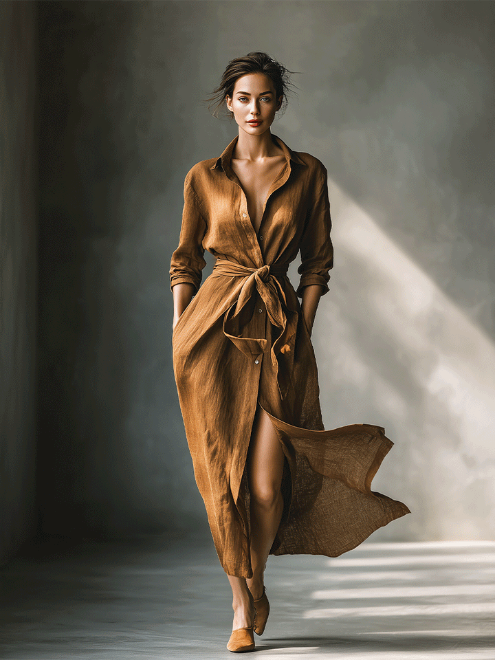 Women's Vintage Brown Blend Shirt Maxi Dress