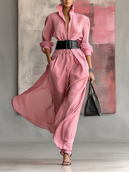 Women's Solid Color Lapel Long Sleeve Single Breasted Belt Maxi Shirt Dress
