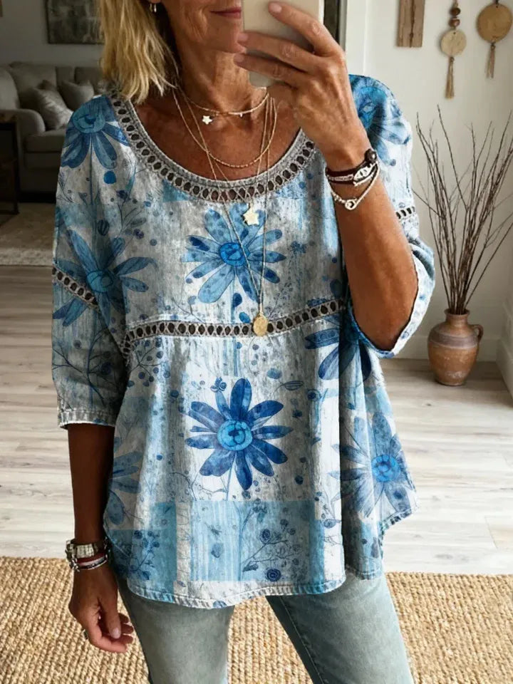 Women's Bohemian Vintage Floral Art Print Casual Round Neck Cutout Top