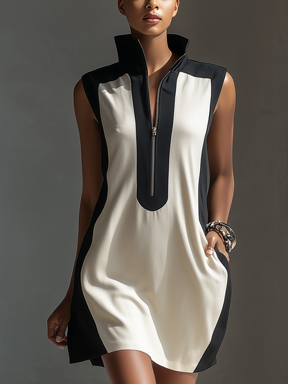 Women's Black & White Color-Block Mini Dress With Stand Collar & Half-Zip Detail