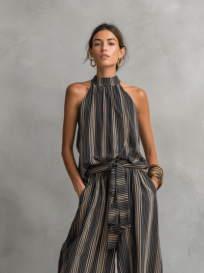 Women's Elegant Striped Printed Woven Round Neck Sleeveless Top Paired With Trousers Set