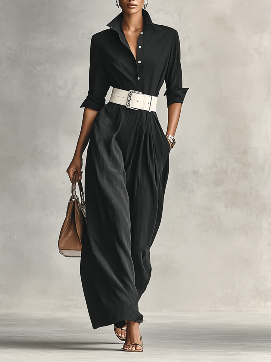 Women's Lapel Single Breasted Long Sleeve Belted Jumpsuit