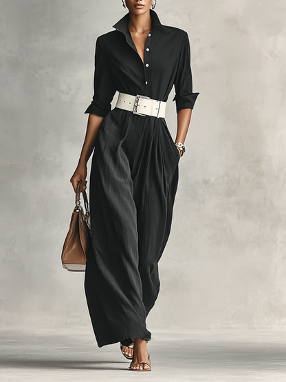 Women's Lapel Single Breasted Long Sleeve Belted Jumpsuit