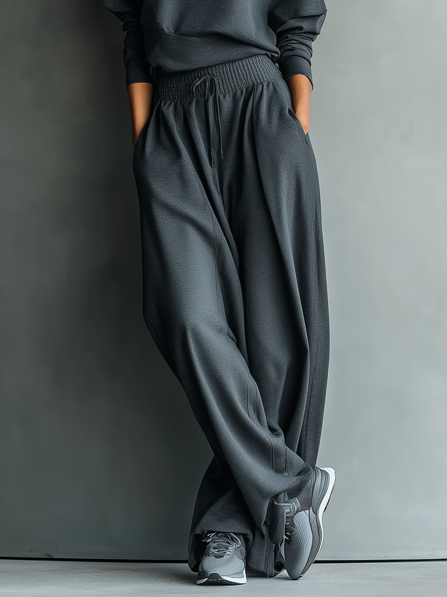 Women's Charcoal Knit Fabric Turtleneck Oversized Top & Wide-Leg Pants Set