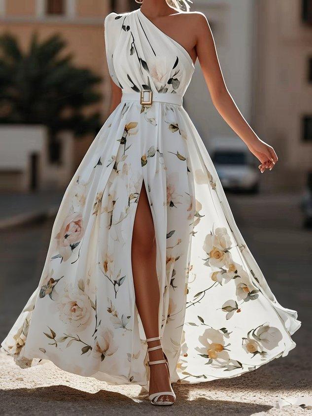 Julie | Light Green Floral One-Shoulder Maxi Dress