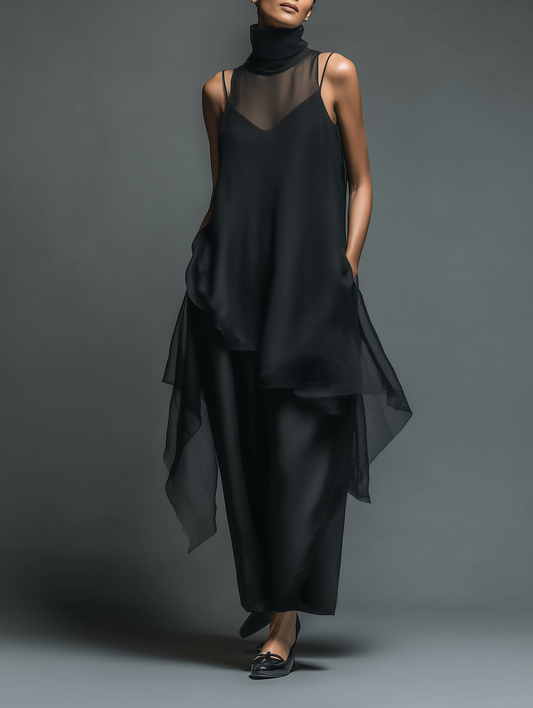 Women's Minimalist Imitation Acetate Slip Dress Paired With A Chiffon Overlay Maxi Dress