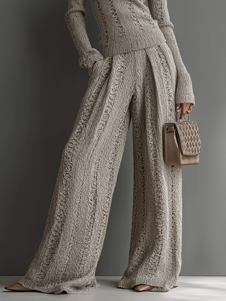 Women's Taupe Elegant Knit Textured Sweater & Wide - Leg Pants Set