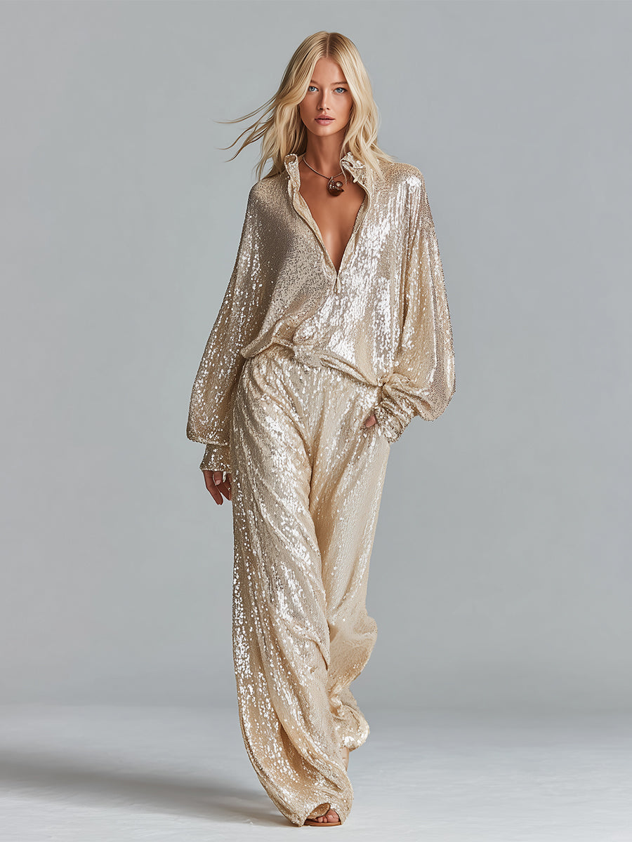 Women's Gold Glamorous Sequin Collared Half - Zip Wide - Leg Loungewear Party Set