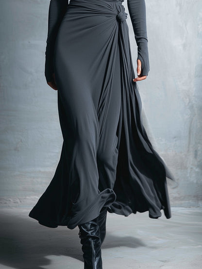 Women's Gray Exquisite Stretch Blended Fabric Wrap Dress - Knotted Maxi Dress