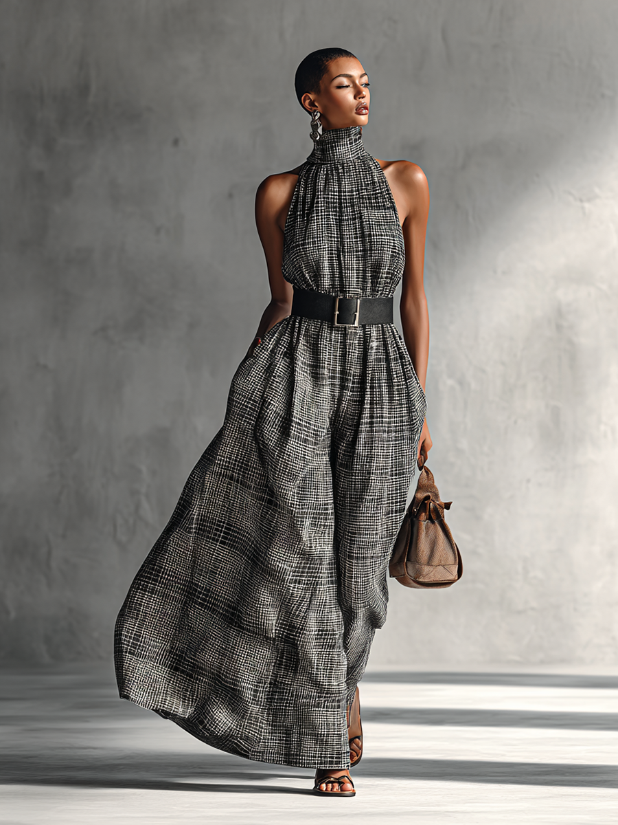 Women's Plaid High Collar Sleeveless Belted Maxi Dress