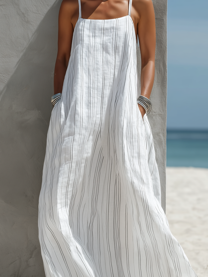 Women's Casual White Vertical Striped Woven Sleeveless Loose Long Dress