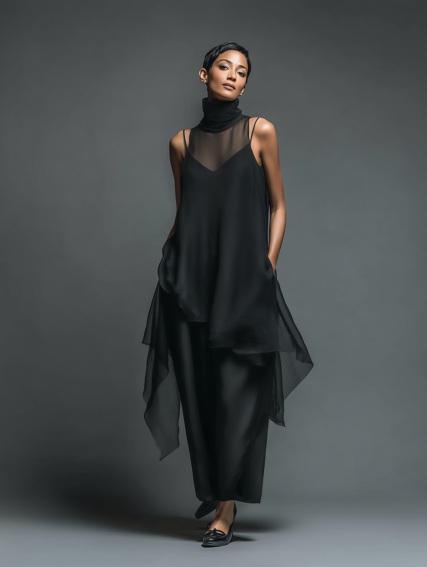 Women's Minimalist Imitation Acetate Slip Dress Paired With A Chiffon Overlay Maxi Dress