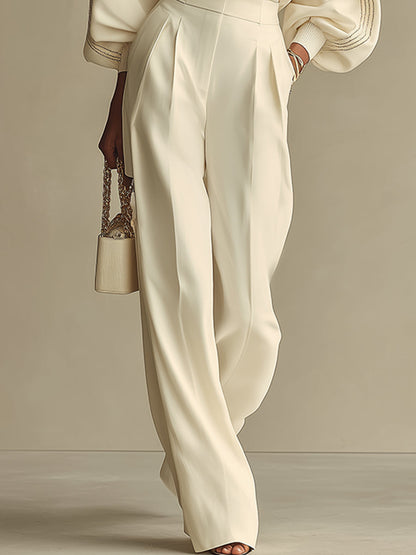Women's Ivory Textured Set With Ribbed Crew Neck & High-Waisted Bottoms, Modern Sophisticated Style Set