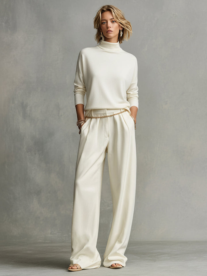 Women's Cream Soft Knit Chic Turtleneck Top & Flowy Wide-Leg Pant Set