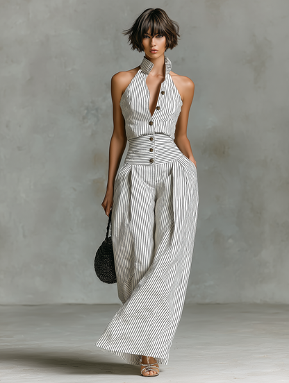 Women's Minimalist Striped Linen Sleeveless Single-Breasted Jumpsuit