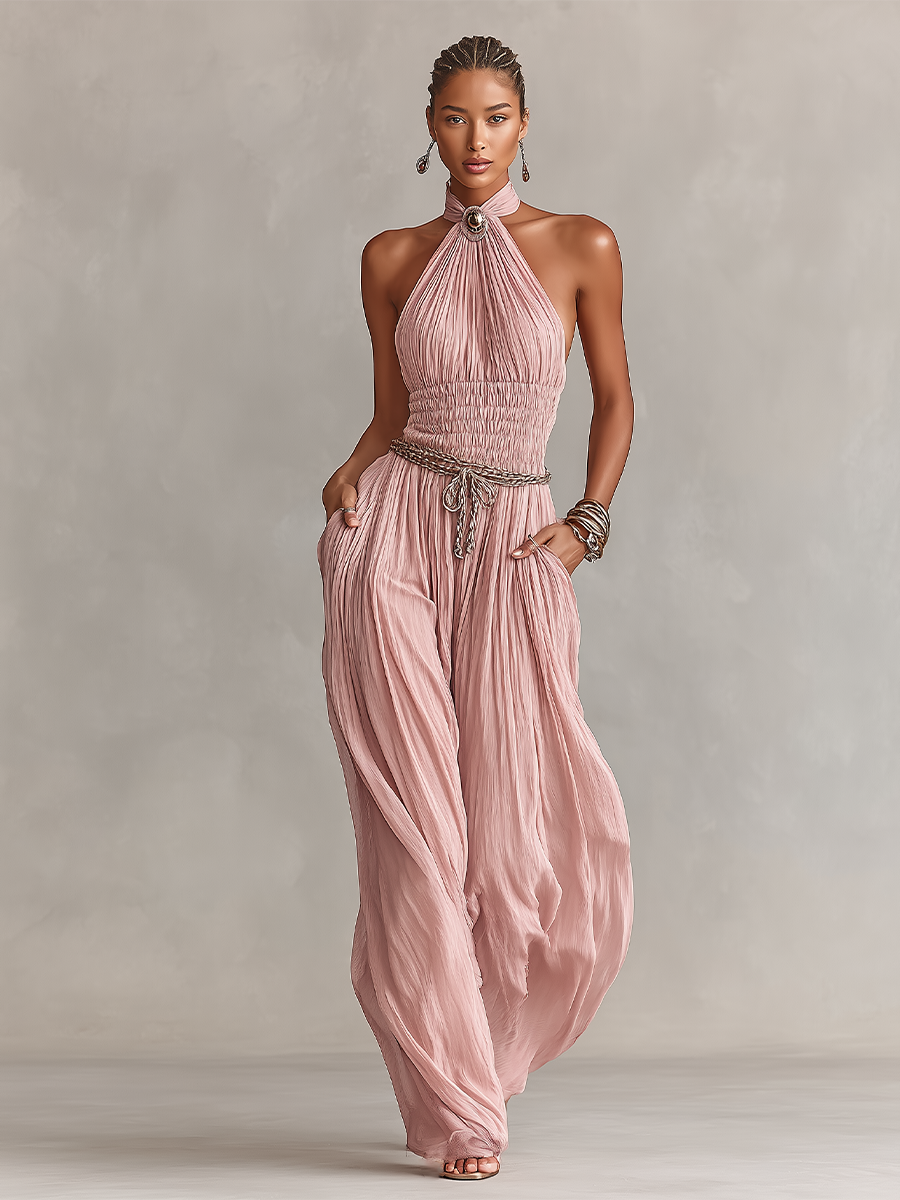 Women's Blush Pleated Jumpsuit With Halter Neck & Ruched Waist, Timeless Romantic-Elegant Style Jumpsuit (without Belt)
