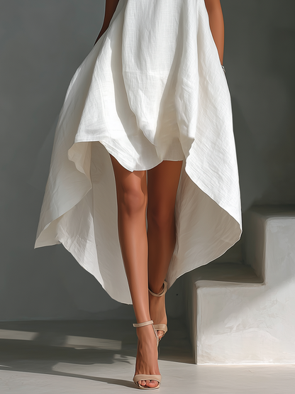 Women's White Linen Fabric Sleeveless Midi Dress With Round Neck & Asymmetric Hem