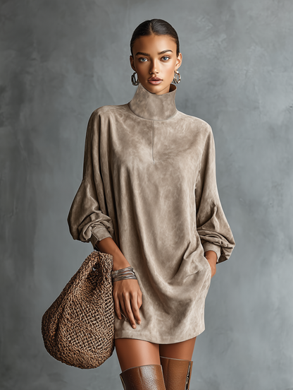 Women's Minimalist Loose-fitting Faux Suede High-neck Mini Dress