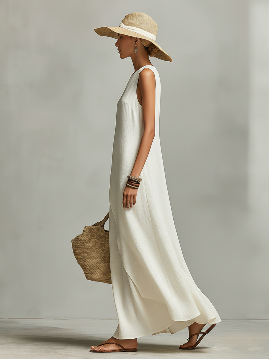 Women's Ivory Breathable Linen Dress With Sleeveless Detail & Asymmetric Hem, Contemporary Casual-Feminine Style Dress