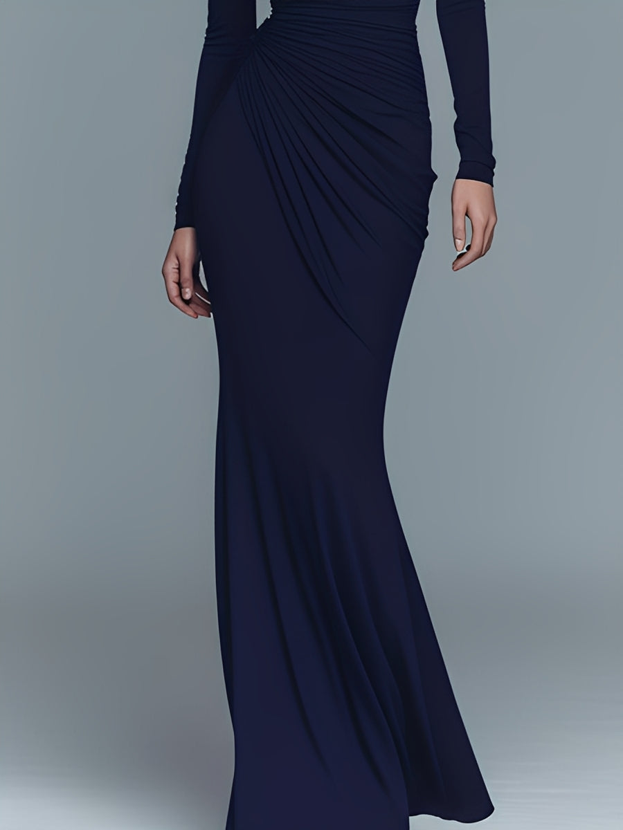 Women's Navy Elegant Stretch Polyester-Cotton Blend Turtleneck Draped Maxi Dress