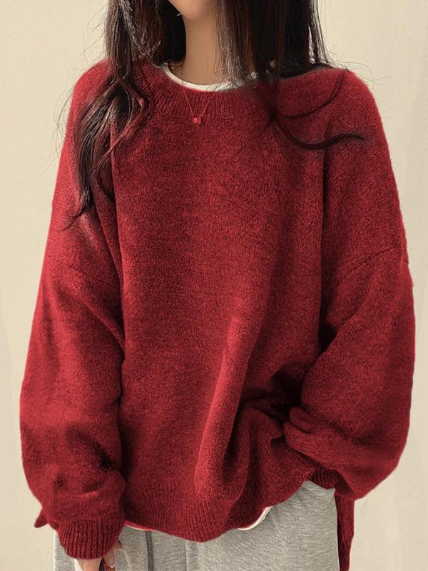 Women's Drop Shoulder Split Hem Round Neck Sweater