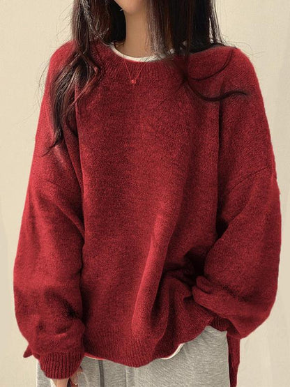 Women's Drop Shoulder Split Hem Round Neck Sweater