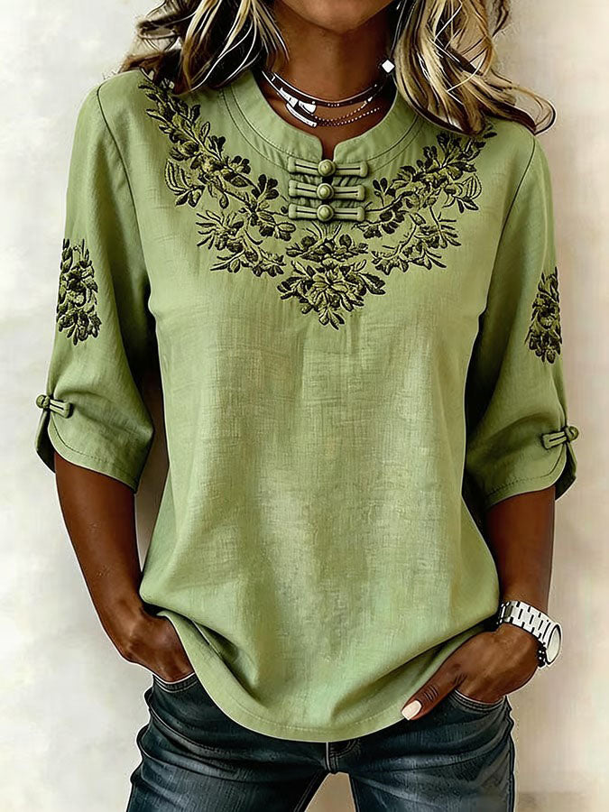 Women's Retro Cotton Linen Flower Green Printing Design Casual T-Shirt
