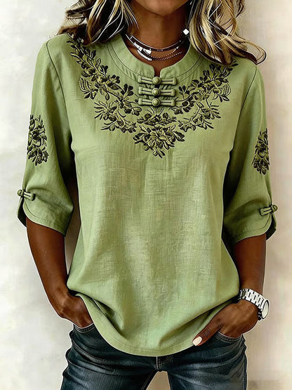 Women's Retro Cotton Linen Flower Green Printing Design Casual T-Shirt