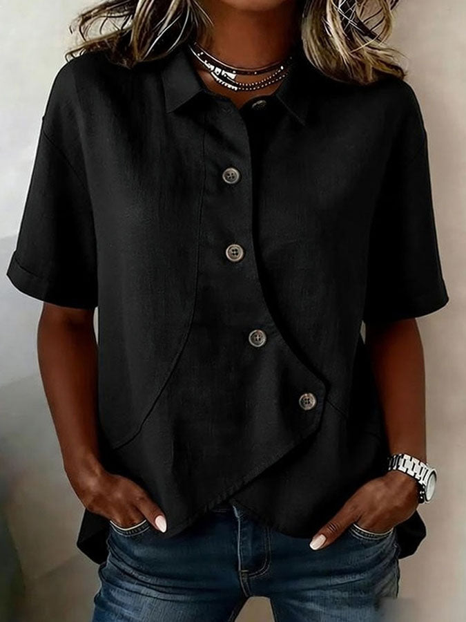 Women'S Cotton And Linen Button Design Casual Lapel Short Sleeved Summer Top