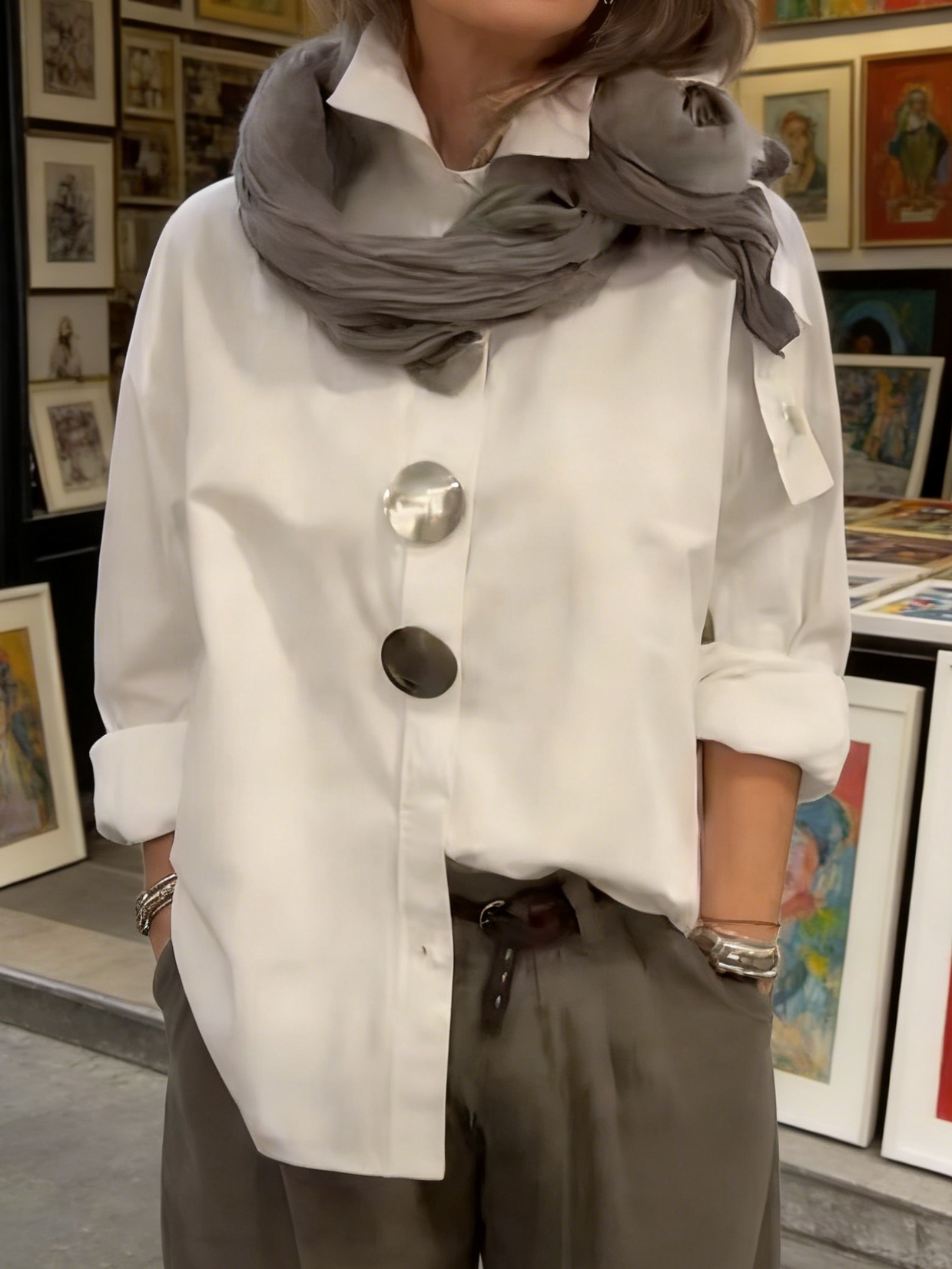 Cotton Linen Blouse with Elegant Collar and Metal Buttons